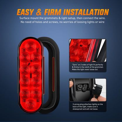 Nilight - Luz trasera ovalada de 6inch, 6 unidades, rojo, ámbar blanco 10 LED ojales de montaje empotrado, IP67, señales de giro de freno impermeables, luces de marcha atrás 2 años de garantía, TL-28