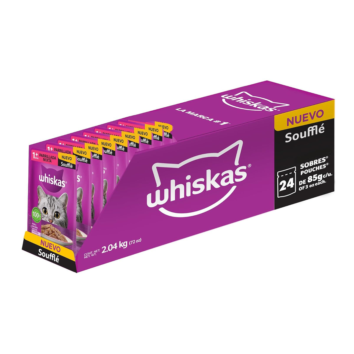 Whiskas 10175039 Alimento Húmedo para Gato Adulto con Sabor a Soufflé Parrillada Mixta, 85 gr x 24 uds, Morado