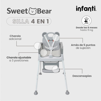 Infanti, Silla 4 En 1 Arnes De 5 Puntos Ligera Práctica Y Plegable Sweet Bear Gris