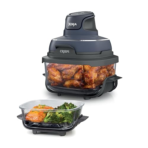 Ninja Crispi - Freidora de aire portátil de vidrio 4 en 1, 1500 W, 4 cuartos y 6 tazas TempWare recipientes de vidrio con tapas de almacenamiento, aptos para microondas, congelador y lavaplatos, gris