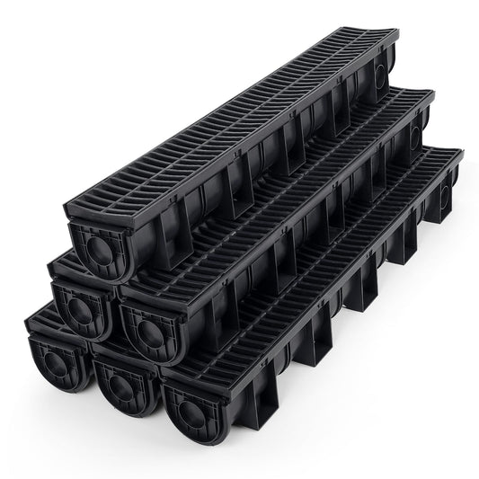 Paquete de 6 sistemas de drenaje de zanjas, drenaje de canal con rejilla de plástico, sistemas de canal de drenaje de entrada, sistema de drenaje de zanjas para exteriores, 5.9 x 5.1 x 39 pulgadas