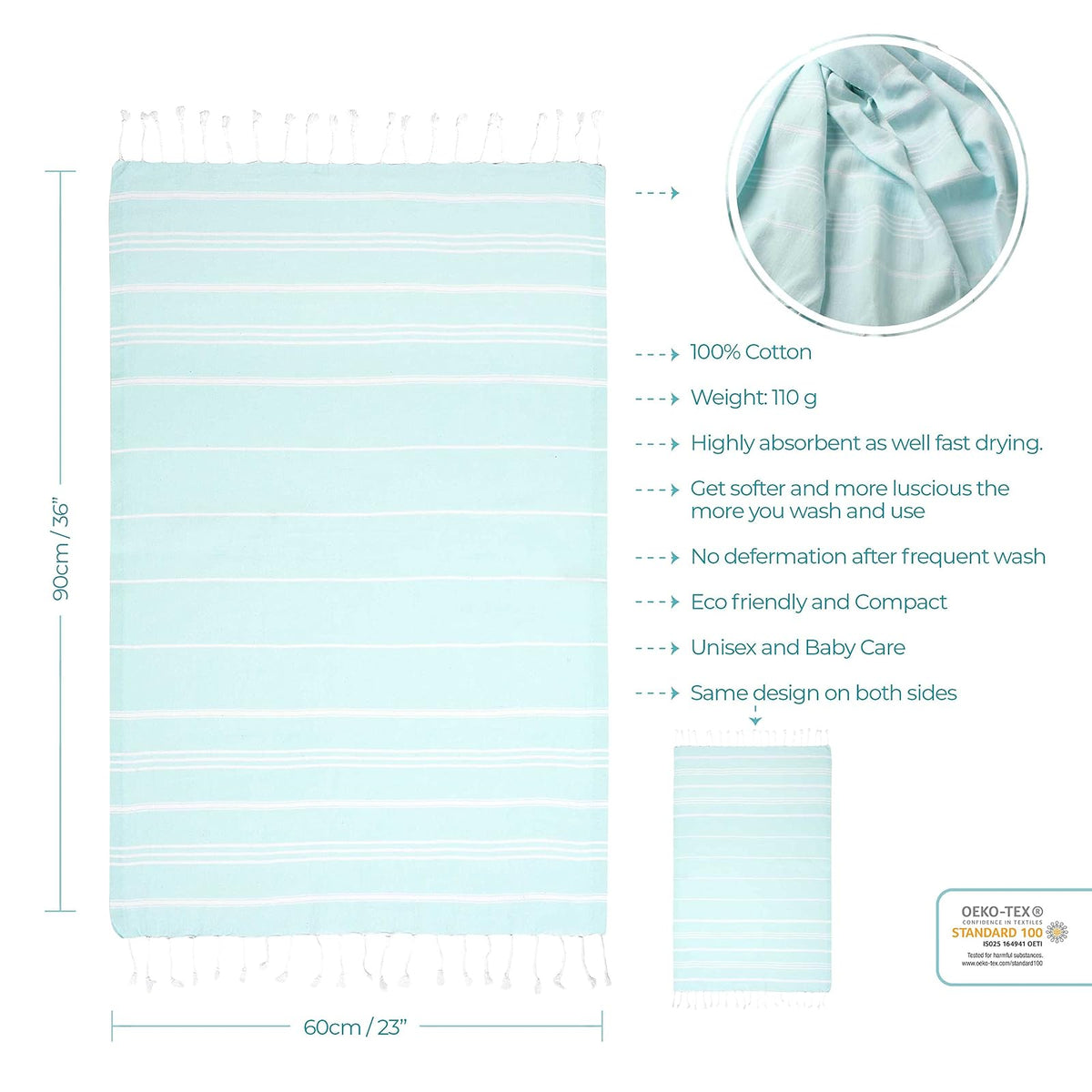 Cacala Fouta Toalla futa de mano estilo peshtemal turco (58,4 x 91,4 cm, color aguamarina)