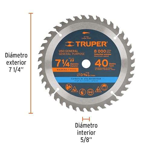 Truper ST-740, Disco sierra p/madera 7-1/4", 40 dientes, centro 5/8"
