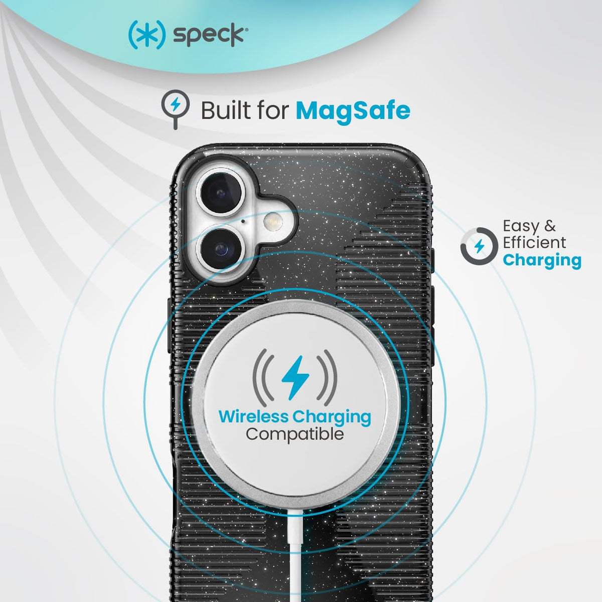 Speck CandyShell Grip - Funda para iPhone 16, MagSafe, Color Negro con Purpurina, Acero y Negro