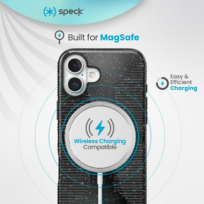 Speck CandyShell Grip - Funda para iPhone 16, MagSafe, Color Negro con Purpurina, Acero y Negro