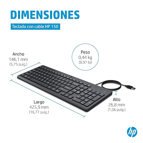 HP Teclado con Cable 150, USB, en Español, Windows/Mac OS, Negro (664R5AA)