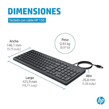 HP Teclado con Cable 150, USB, en Español, Windows/Mac OS, Negro (664R5AA)