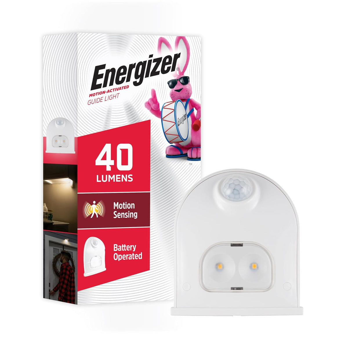 Energizer LED Motion-Activated Security Light, Battery Operated, 40 Lumens, Wireless, Indoor/Outdoor, Over-The-Door Light, 1 Pack, White, Ideal for Porch, Entryway, Closet, Patio, and More, 38184