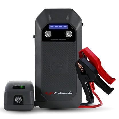 Schumacher Electric - Arrancador de Litio de 12 V y Paquete de alimentación, Puente de batería portátil de 1000 A con Carga inalámbrica de 10 W, Carga rápida USBA/USBC y Linterna LED multimodo - 4 en