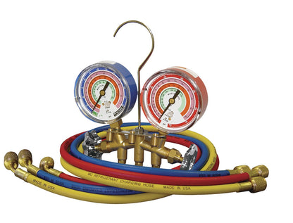 Mastercool Juego de Colectores de 2 Vías, Calibradores de 8 cm, Mangueras de 3-91 cm, Accesorios de Latón 1/4 in, 59136