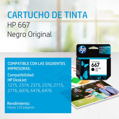 HP Cartucho de Tinta 667 Negro Original, Compatibilidad con Impresoras DeskJet Ink Advantage 1275, 2374, 2375, 2376, 2775, 2776, 6076, 6476, 6476, Rendimiento hasta 120 páginas (3YM79AL)