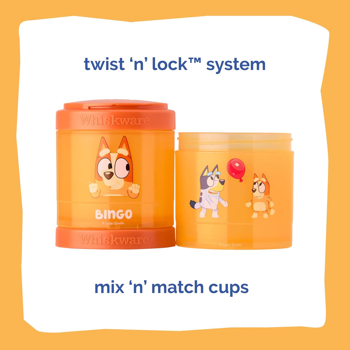 Whiskware - Contenedores apilables Bluey para aperitivos, para niños y niños, 3 tazas apilables para la escuela y los viajes, Bluey y Bingo, ¡hurra!