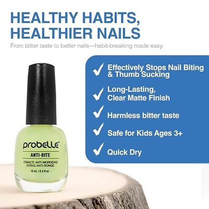 Probelle Anti-Bite - Tratamiento de mordeduras de uñas para niños y adultos - Esmalte de uñas sin mordedura para pulgares y chupar el pulgar - 9 Free - 5 fl oz (0.9 fl oz)