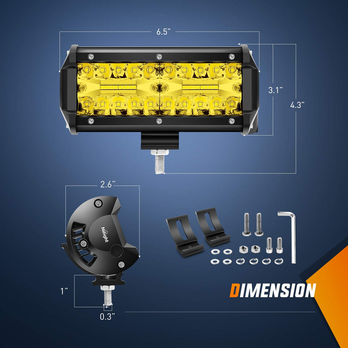 Nilight - Barra de luz LED, 2 unidades de luces de triple fila de 6.5 pulgadas, color ámbar
