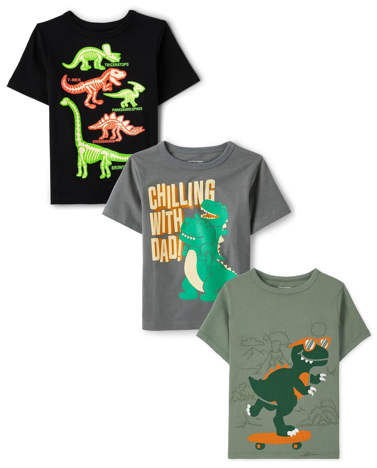 The Children's Place Camisetas Gráficas Manga Corta para Niño - Edu Dino - Dad Dino - Dino Skate - 3T
