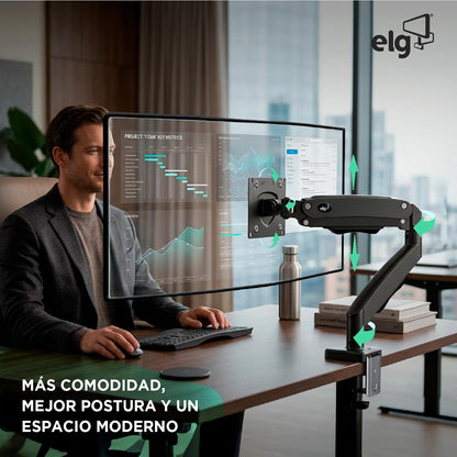 ELG Soporte de Escritorio para Monitor con Pistón de Gas, Brazo Articulado con Giro, Inclinación y Rotación 360°, para Pantallas de 17 a 35 Pulgadas de 2 a 9 kg, VESA 75x75 y 100x100 mm, Negro