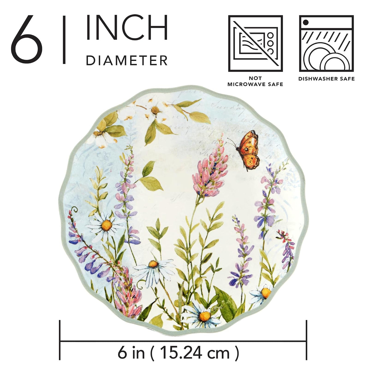 Platos de canapé certificados International Meadow de 6 pulgadas, juego de 4 con diseño de flores silvestres y mariposas, perfectos para aperitivos, mini postres y aperitivos, decoración de primavera