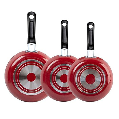 Ekco | Juego de Sartenes Classic 3 Piezas de Aluminio Antiadherente Rojo | Antiadherente Geothermic, Libre de PFOA, Cocción uniforme, Fácil limpieza, Calentamiento rápido, Mangos de baquelita