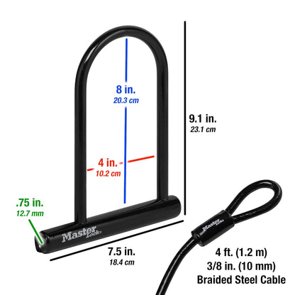 Master Lock Cerradura en U de 7.25 pulgadas con cable de extremo en bucle, negro