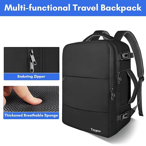 Taygeer Mochila de Viaje 10 kg Avión 40L para Hombre y Mujer, Negra | Laptop 17.3 pulgadas, apertura 180°, bolsa para zapatos, bolsillo impermeable, correa para equipaje, negocios y escapadas