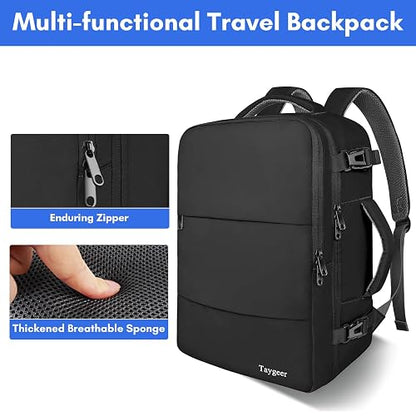 Taygeer Mochila de Viaje 10 kg Avión 40L para Hombre y Mujer, Negra | Laptop 17.3 pulgadas, apertura 180°, bolsa para zapatos, bolsillo impermeable, correa para equipaje, negocios y escapadas