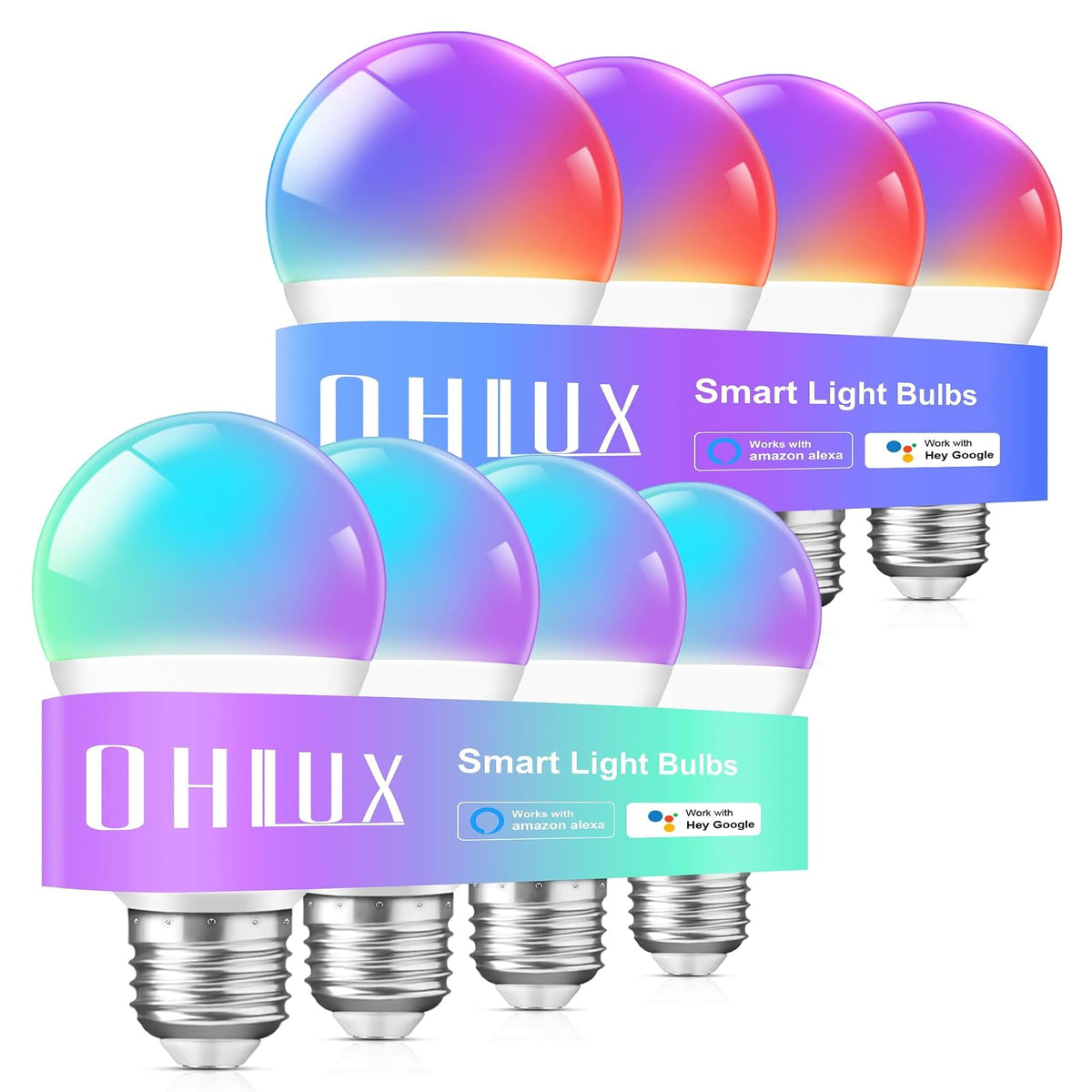 OHLUX 8 Focos Inteligentes Wi-Fi & Bluetooth, 900LM Foco Led E27 9W RGB 2.4Ghz, Colores Regulable, Control Remoto de APP y Control de Voz, Temporizador, Compatible con Alexa, Google Home