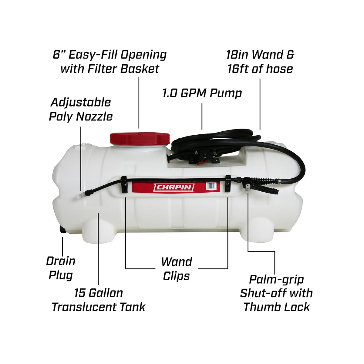 Chapin 97154 Made in The USA 15 Gallon, High Performance 1 GPM Mounted ATV/UTV Spot Sprayer with 6 Inch Tank Opening, up to 60 PSI, 18 Inch Wand, Translucent White