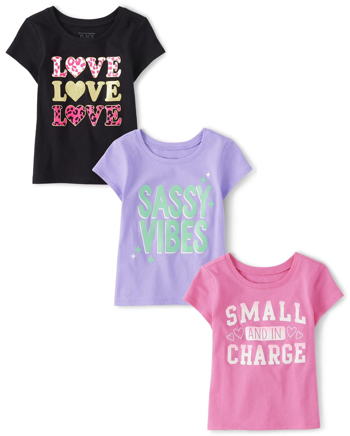 The Children's Place Playera Gráfica para Niña, Paquete de 3 - Sassy Vibes - Love Love - Small in Charge Paquete de 3 - 5T