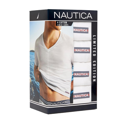 Nautica - Paquete de 4 Camisetas de algodón con Cuello en V para Hombre, Logotipo