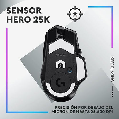 Logitech G502 X Plus Lightspeed Mouse Óptico Inalámbrico RGB para Gaming - Interruptores híbridos LIGHTFORCE, LIGHTSYNC RGB, Sensor Gaming Hero 25K, Compatible con PC - macOS/Windows - Negro