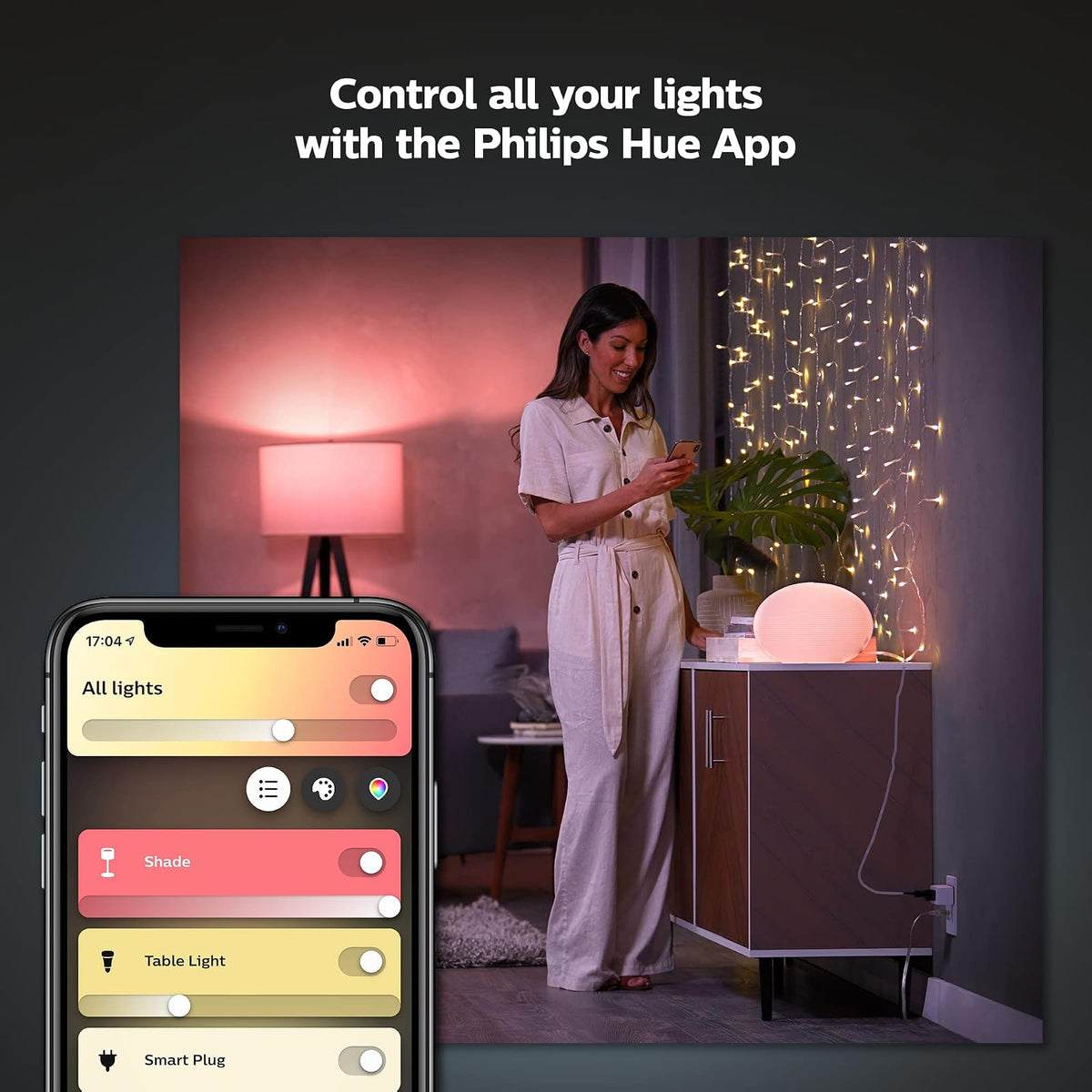 Focos Philips Hue Luz Multicolor 4 Focos A19 + Hue Bridge - Compatible con Alexa + Enchufe Inteligente