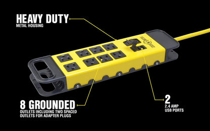 Yellow Jacket - Tira protectora de sobretensión de metal, 8-Outlet Power Strip, Amarillo