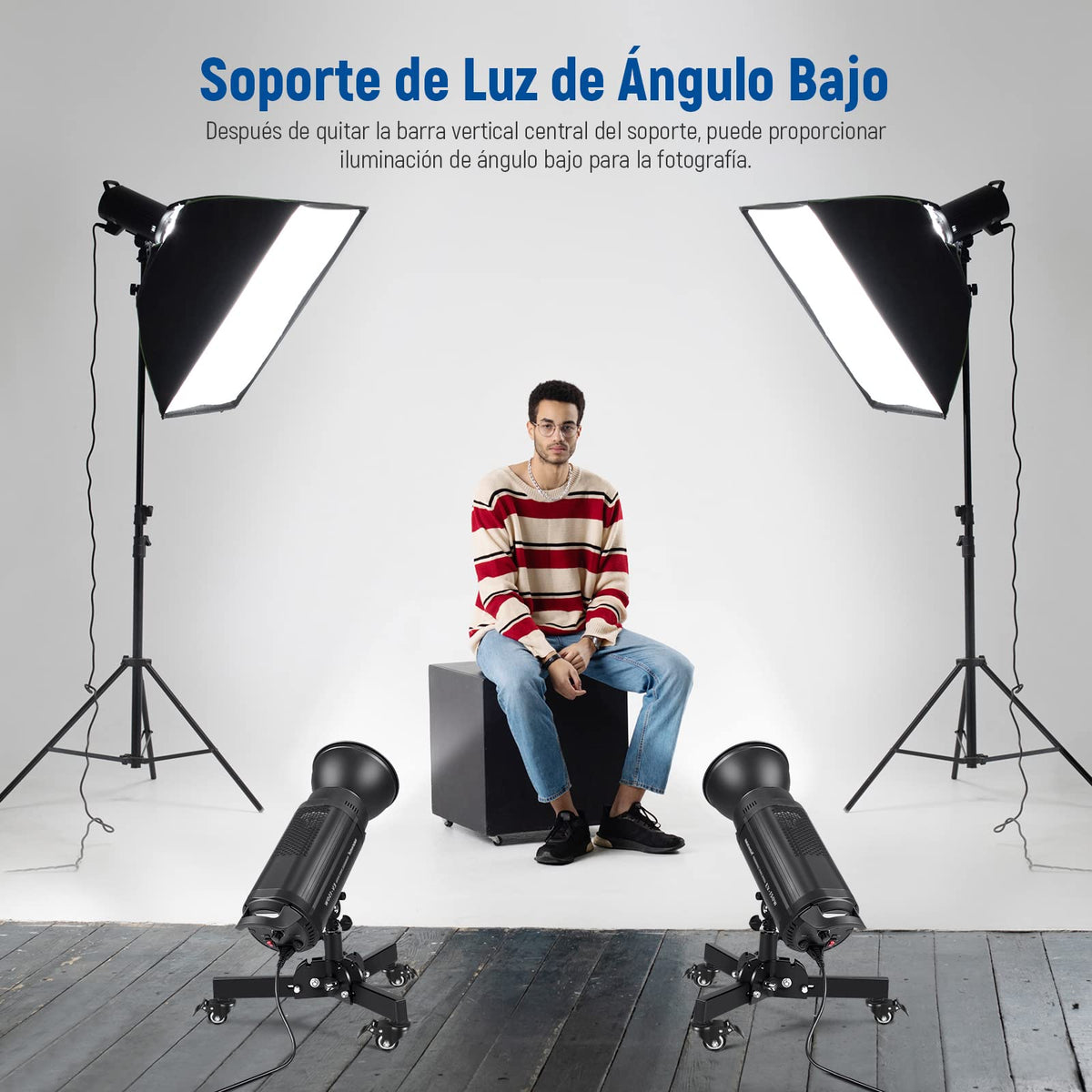 NEEWER Pack de 2 Soportes Luz Alta Resistencia con Ruedas, Altura Máx 2.4 Pies, Trípode Plegable Tomas Angulo Bajo, Soporte Iluminación para Softbox, Monobloques y Otros Equipos Fotográficos, ST72