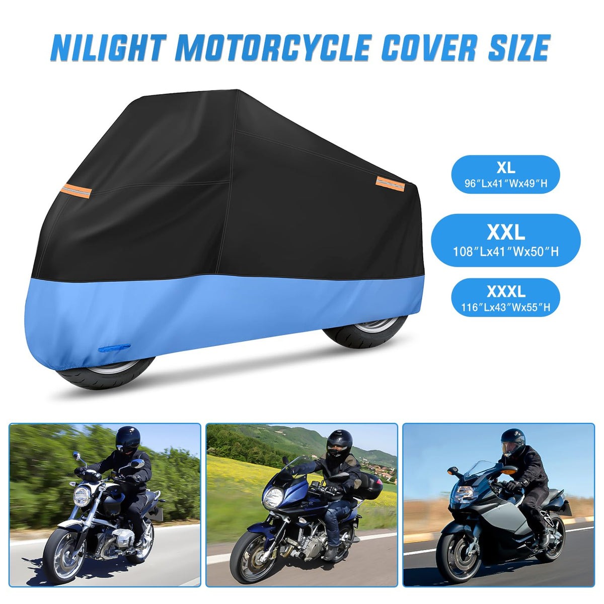 Nilight - Funda de Motocicleta Universal para Todas Las Estaciones, Tela Oxford con Agujero de Bloqueo, Impermeable, Duradera UV con Bolsa de Almacenamiento y Tira Reflectante Protectora, se Adapta a