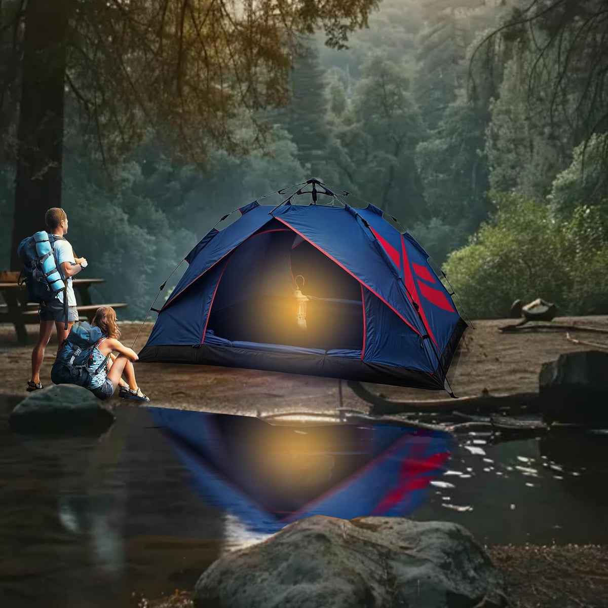 Reebok - Casa de Campaña para 4 Personas, Edicion 4XT, Color Azul/Rojo