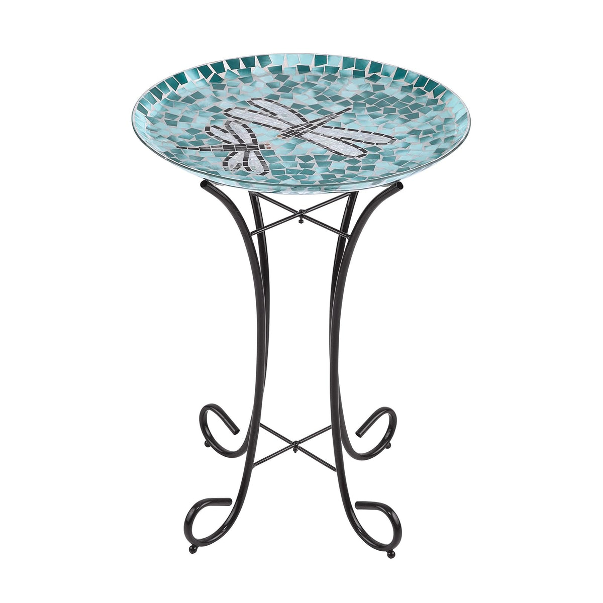 Alpine Corporation 24" Tall Outdoor Mosaic Dragonfly Glass Birdbath Bowl with Metal Stand