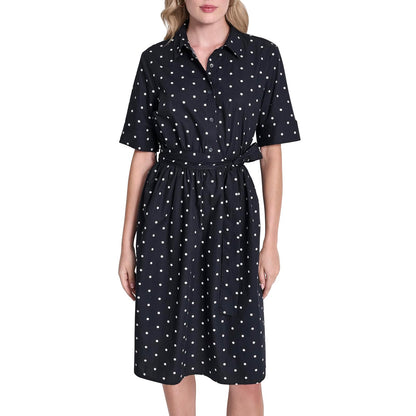 DKNY Vestido Camisero de Popelina de Algodón Manga 3/4 - 12 - Spring Navy - Ivory