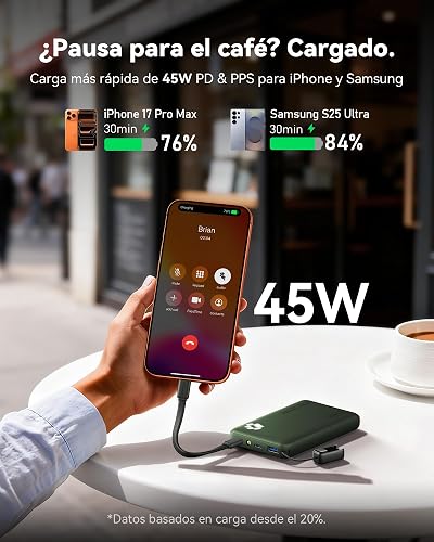 INIU Power Bank, 40% Más Pequeño 10000mAh 45W Carga Rápida Batería Portátil | Cable USB C Desmontable, Apto para Avión, Esenciales de Viaje, Bateria Portatil para iPhone 17 Samsung Xiaomi etc. [Verde]