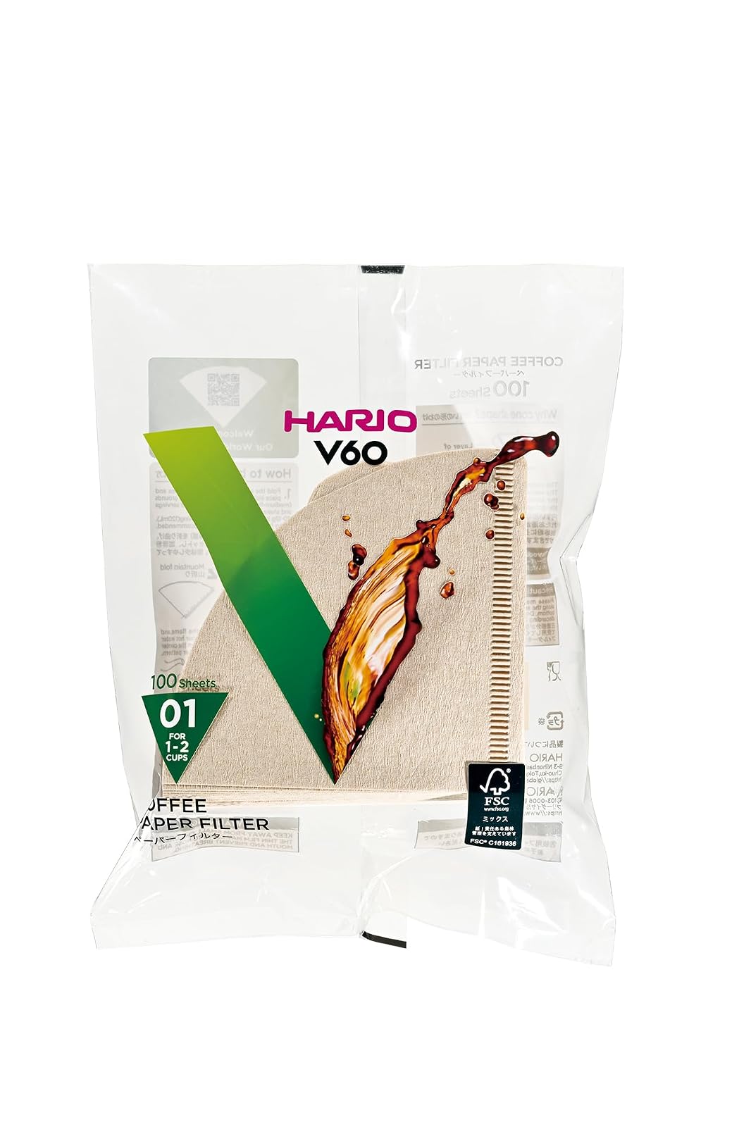 Hario Filtros de Papel para Gotero V60, Caja de 100 - Size 01 - Natural