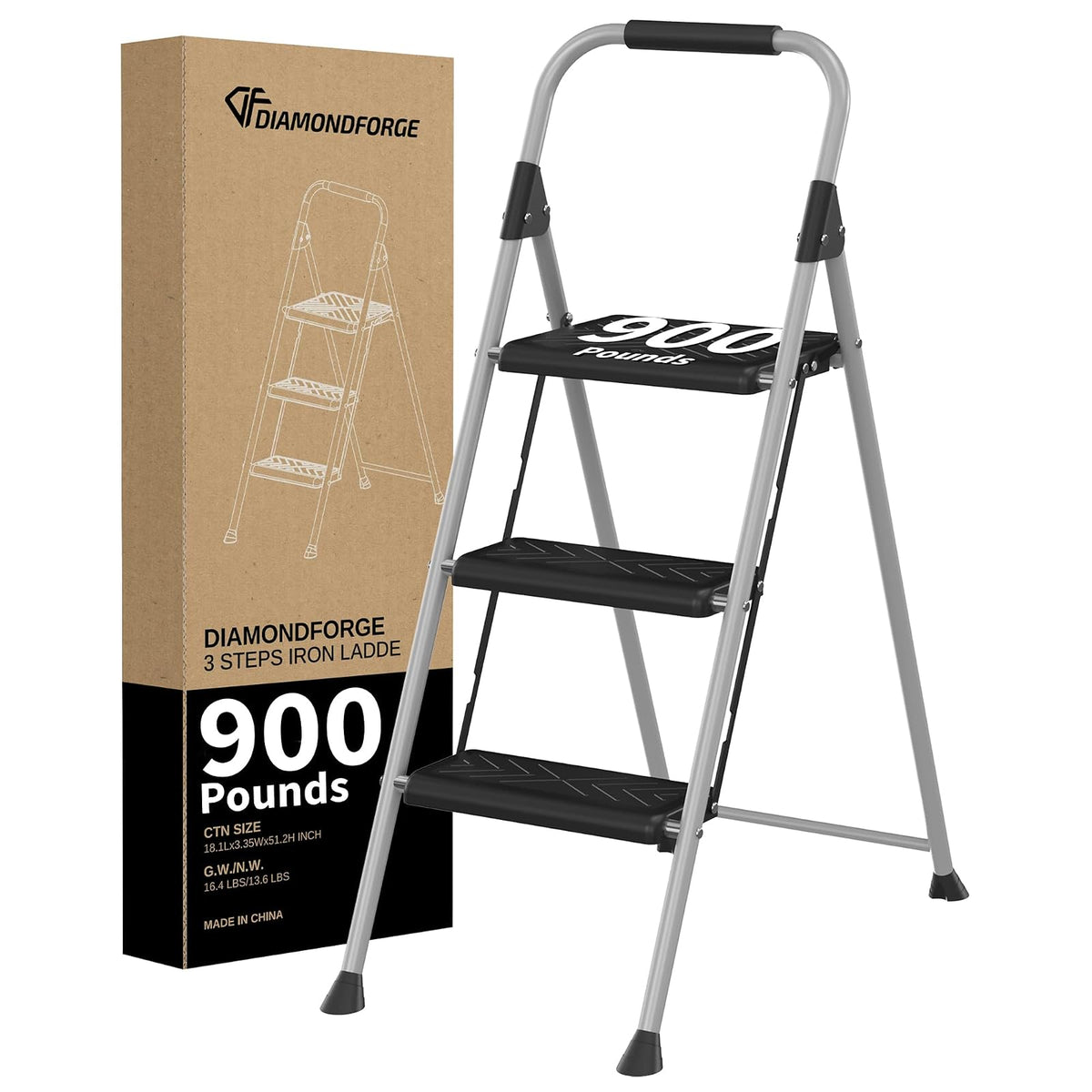 DIAMONDFORGE - Escalera de 3 Peldaños Plegable, Antideslizante, Acero de 900 Libras, Negro, IL3LBK1