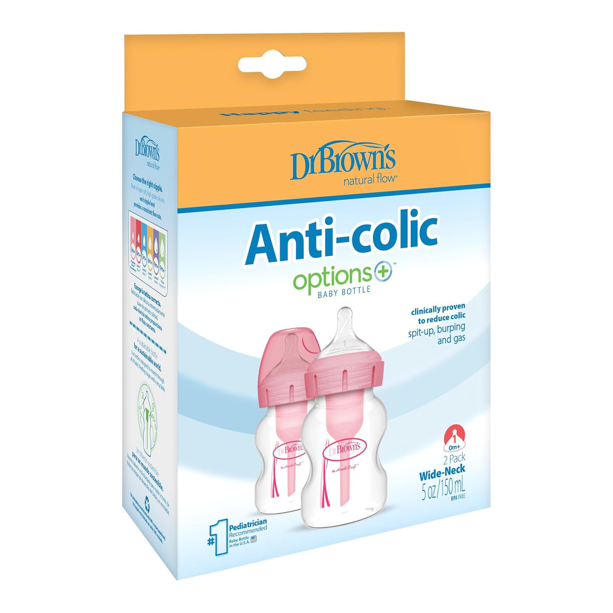 Dr Brown's 5Oz/150Ml Pp Wide-Neck Options+ Bottle (Pink) 2-Pack