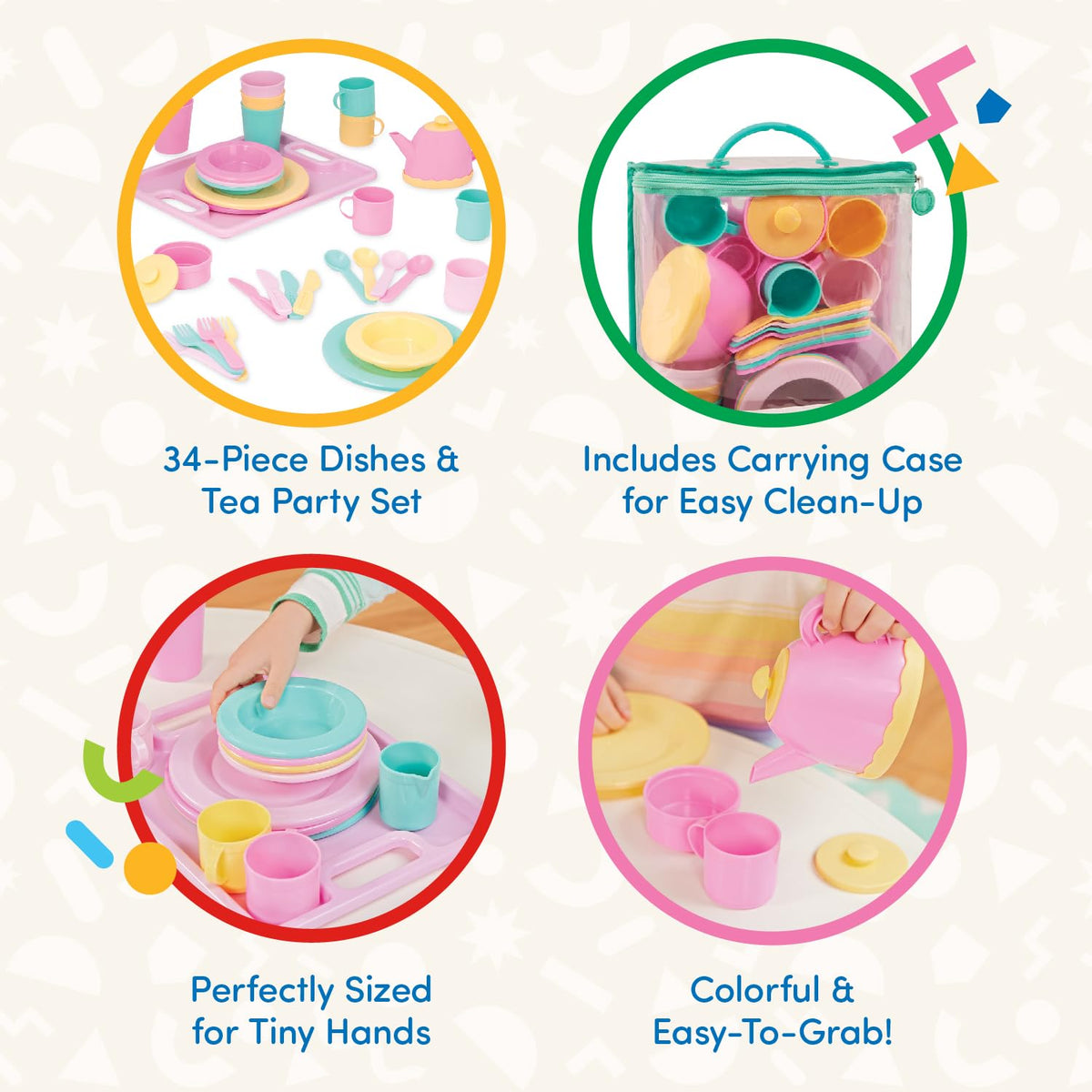 Battat Dishes Wishes, vajilla de Juguete con Tetera y Bandeja | Vajilla infantil Set de 34 piezas con tetera, azucarera, cremera, tazas, vasos, platos, cuencos y cubiertos, 3 años y +