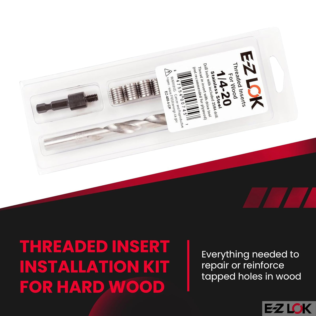 E-Z LOK 400-4-CR Insertos roscados para madera, kit de instalación, acero inoxidable, incluye insertos de rosca de cuchillo 1/4-20 (6), taladro, herramienta de instalación