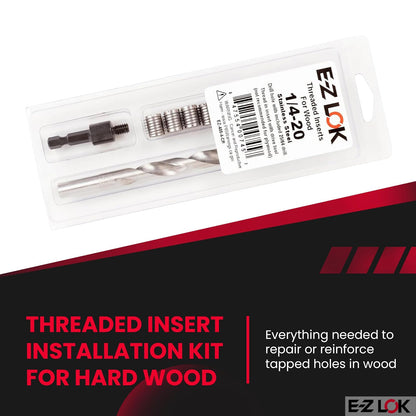 E-Z LOK 400-4-CR Insertos roscados para madera, kit de instalación, acero inoxidable, incluye insertos de rosca de cuchillo 1/4-20 (6), taladro, herramienta de instalación