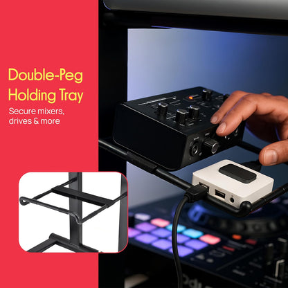Pyle PLPTS47 - Soporte universal para equipo de estudio, soporte de mesa, estación de trabajo con sistema de sonido DJ y estantes de dos niveles, Dobladillo
