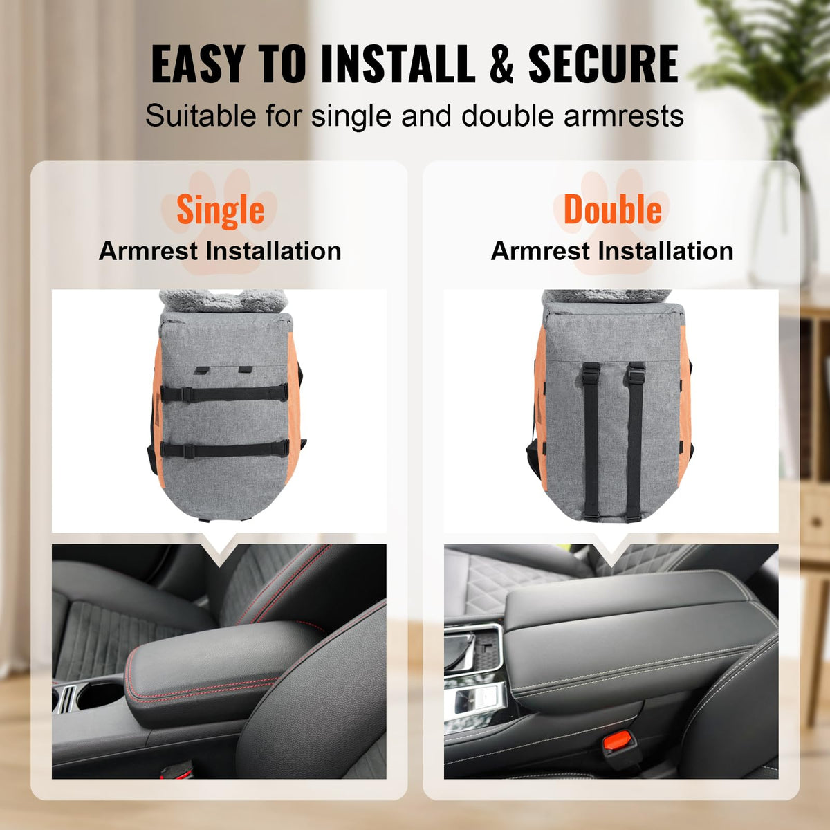 VEVOR - Asiento de Automóvil para Perro, Consola Central para Perros pequeños, Asiento de Mascota para reposabrazos de Automóvil con Correa de Clip, Correas Ajustables, soporta hasta 8 Libras, Gris Oscuro
