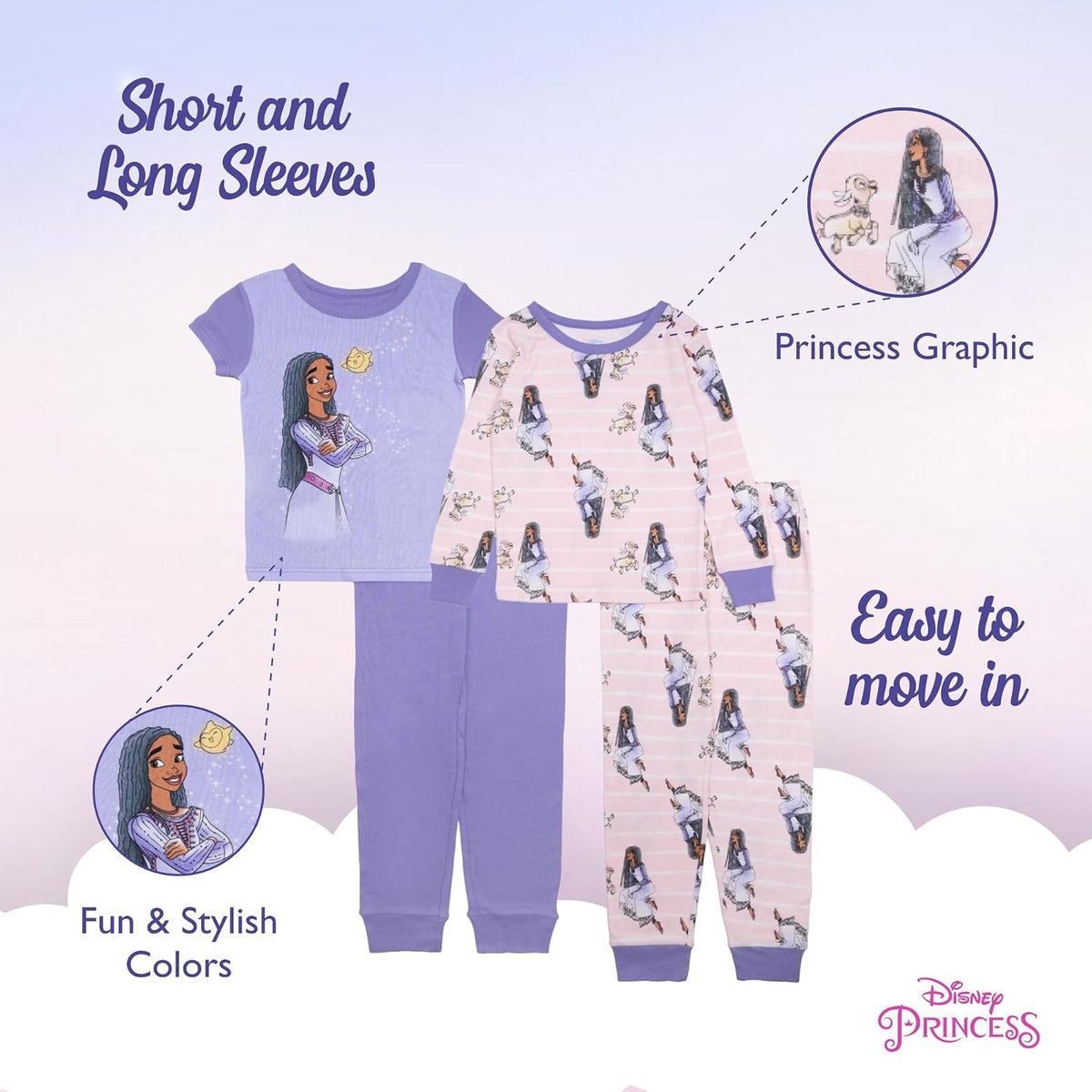 Disney - Conjunto de Pijama de algodón de 4 Piezas para niñas, Suave y Lindo para niños