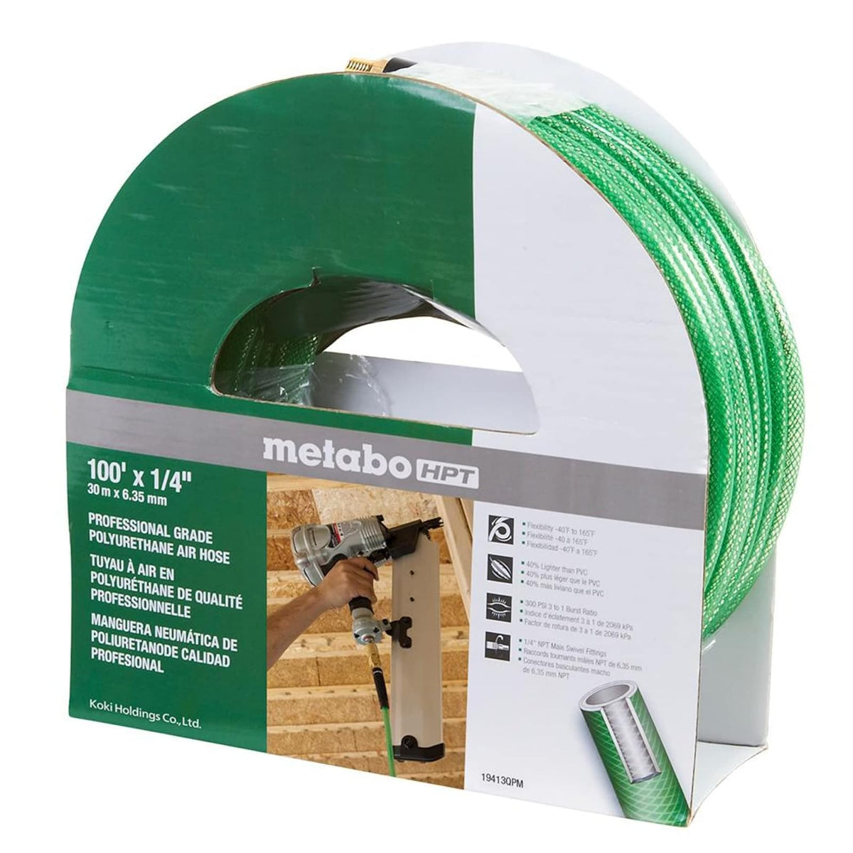 Metabo HPT Manguera de aire | 1/4 pulgadas x 100 pies | Poliuretano de grado profesional | 300 PSI | 19413QPM, verde