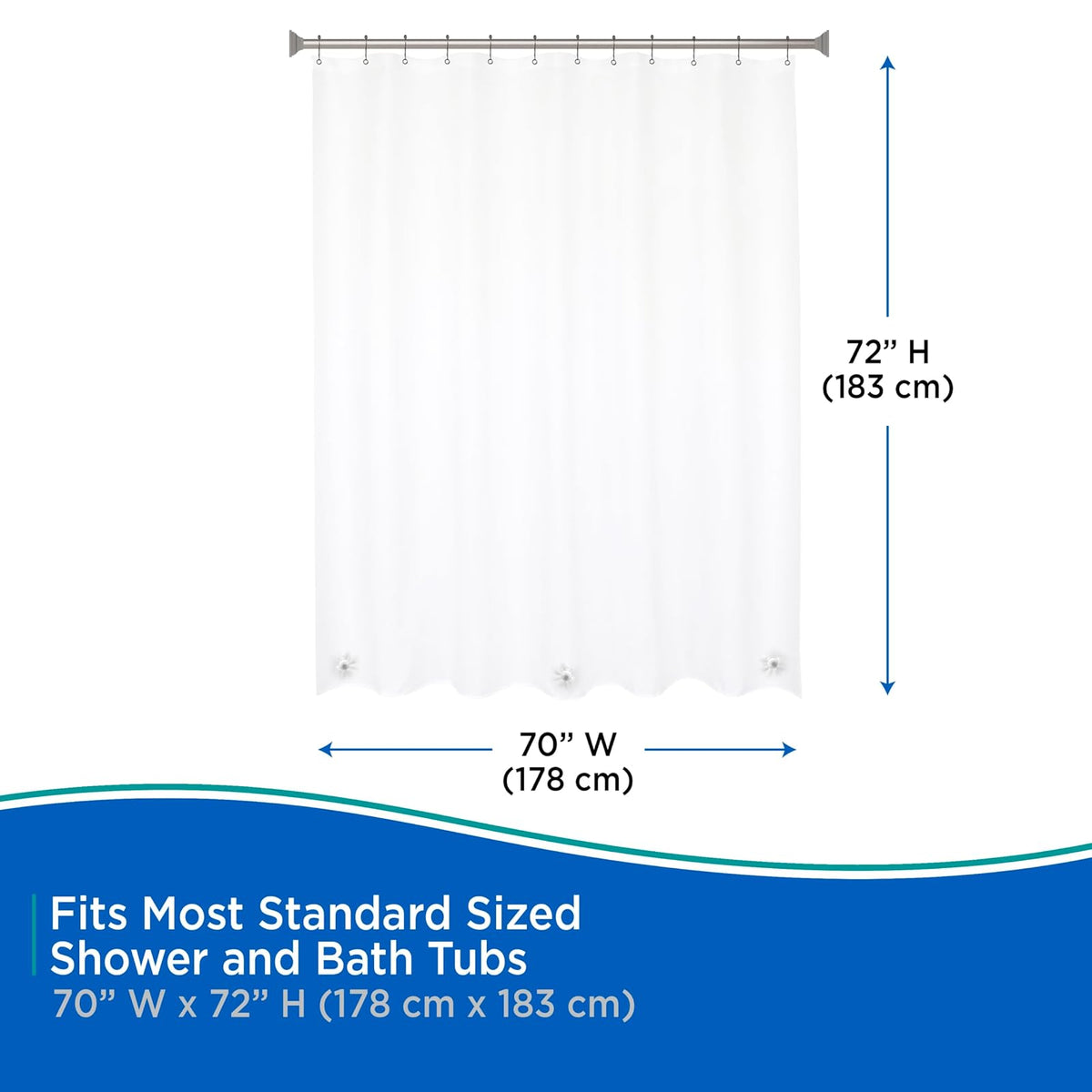 Kenney KN61443 - Cortina de ducha impermeable de PEVA de calibre 5, con ojales de metal resistentes al óxido y dobladillo magnético pesado para baño, 70 pulgadas de ancho x 72 pulgadas de alto, transparente, 1 paquete
