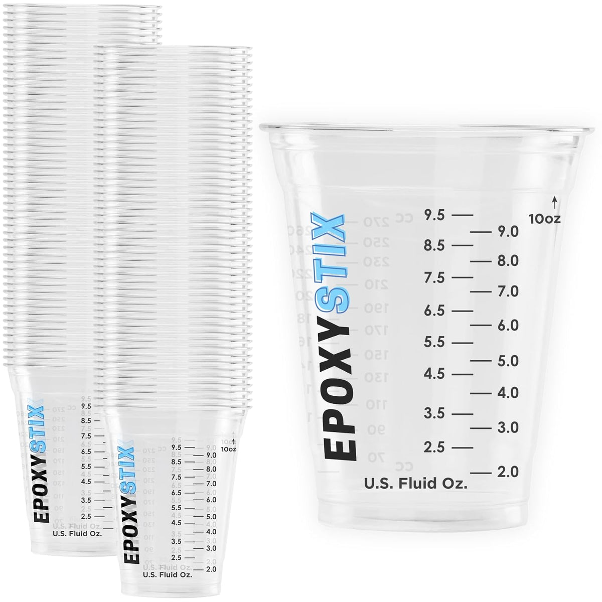 EpoxyStix [Paquete de 50] Vasos graduados de 12 onzas, para mezclar de 350 ml, para mascotas duraderas, marcas de medición transparentes en oz, ml y tazas, para resina, pintura, mezcla y manualidades